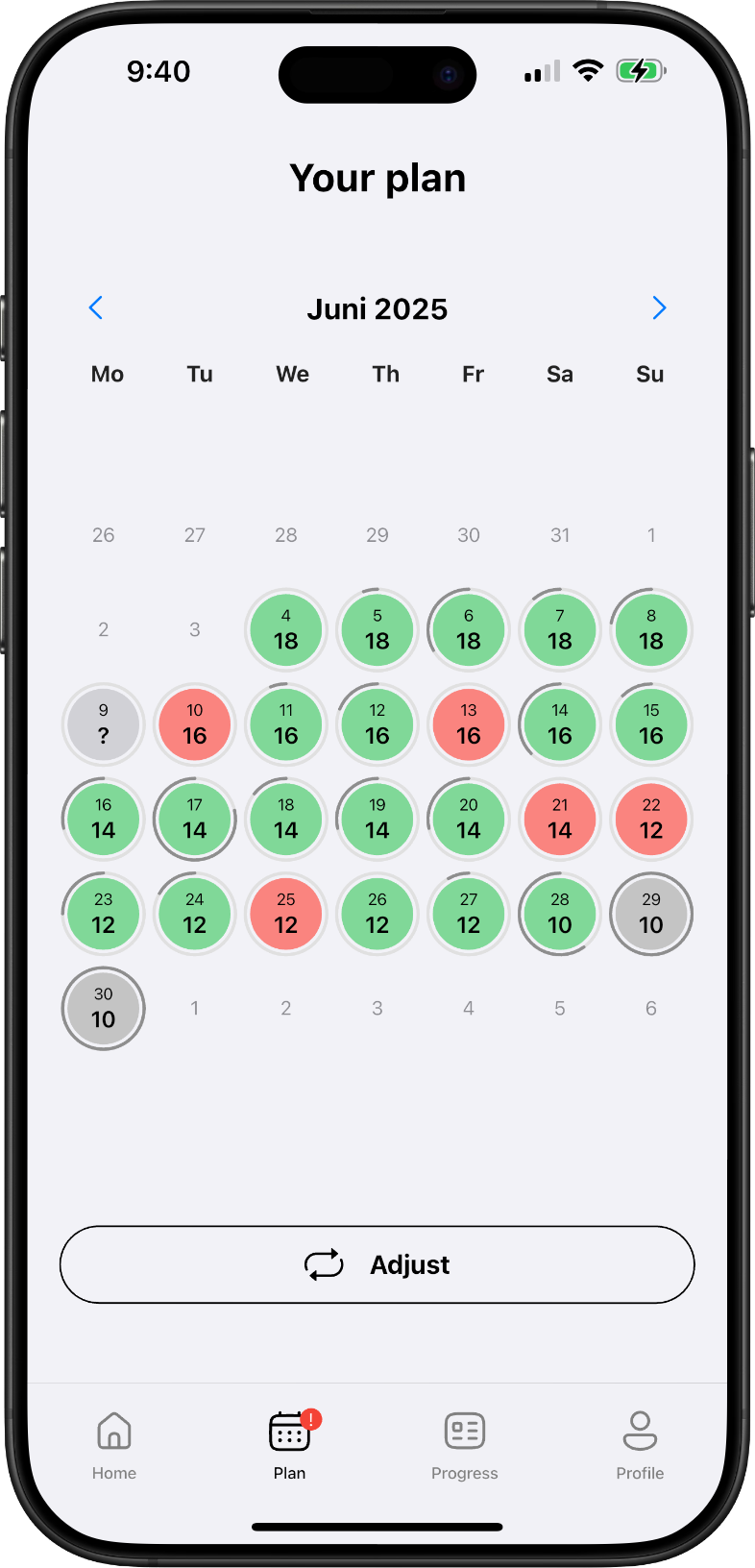 Smoke Free App screenshot with a personalized quit plan, displaying calendar with days and progress to each day
