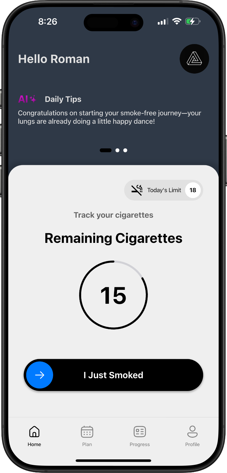 Smoke Free App screenshot with a main screen and a animated progress slider to track smoked cigarettes