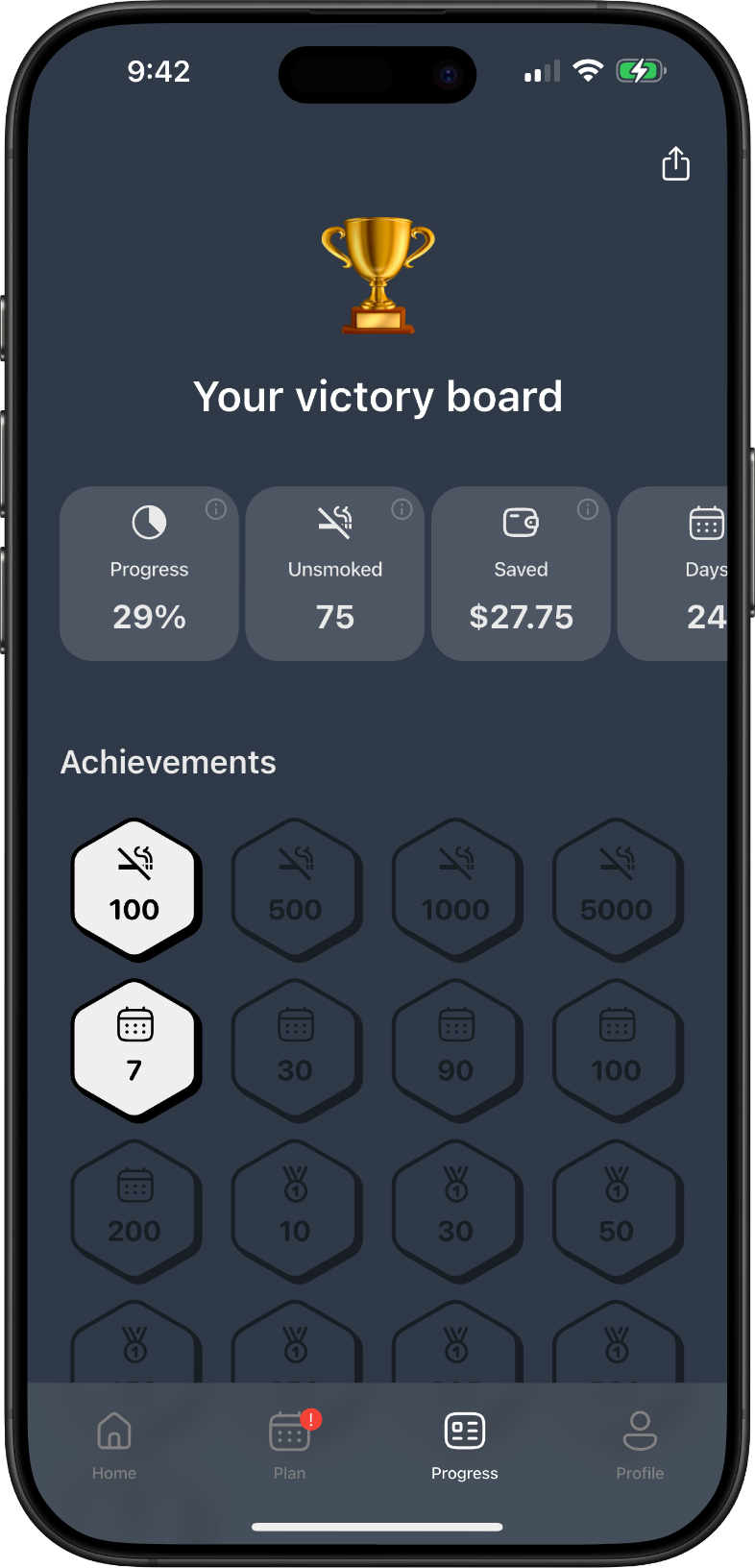 Smoke Free App screenshot with progress screen displaying badges, achievements, money saved, total unsmoked cigarettes, with share button