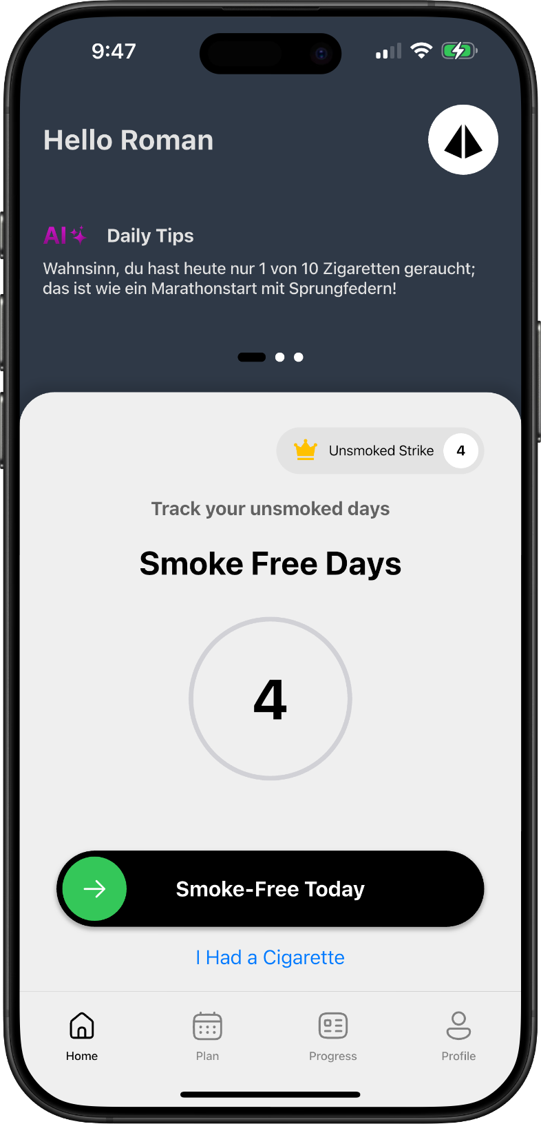 Smoke Free App screenshot displaying the screen where user can log his unsmoked days after he finishes his plan